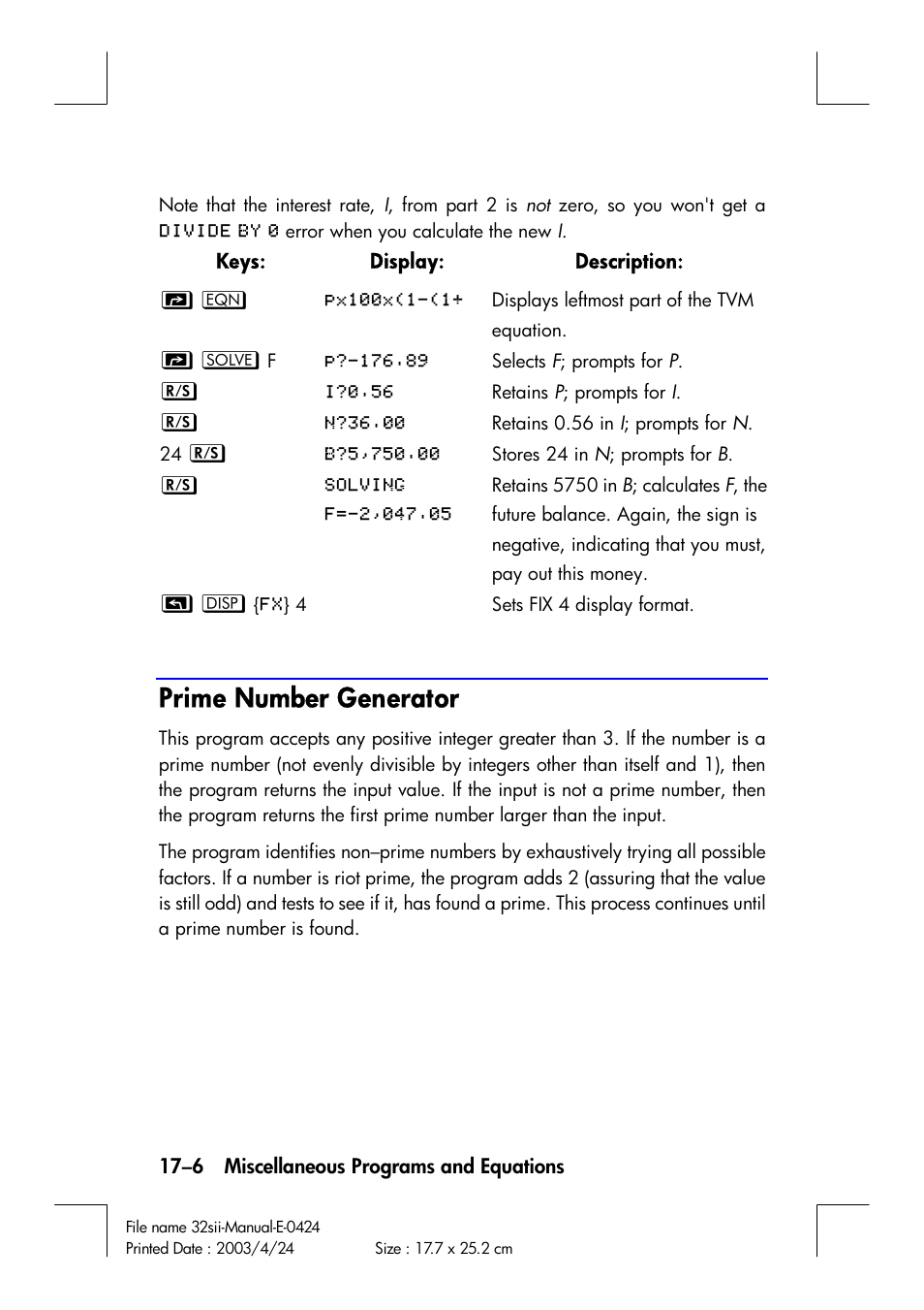 Prime number generator | HP 32SII User Manual | Page 292 / 376