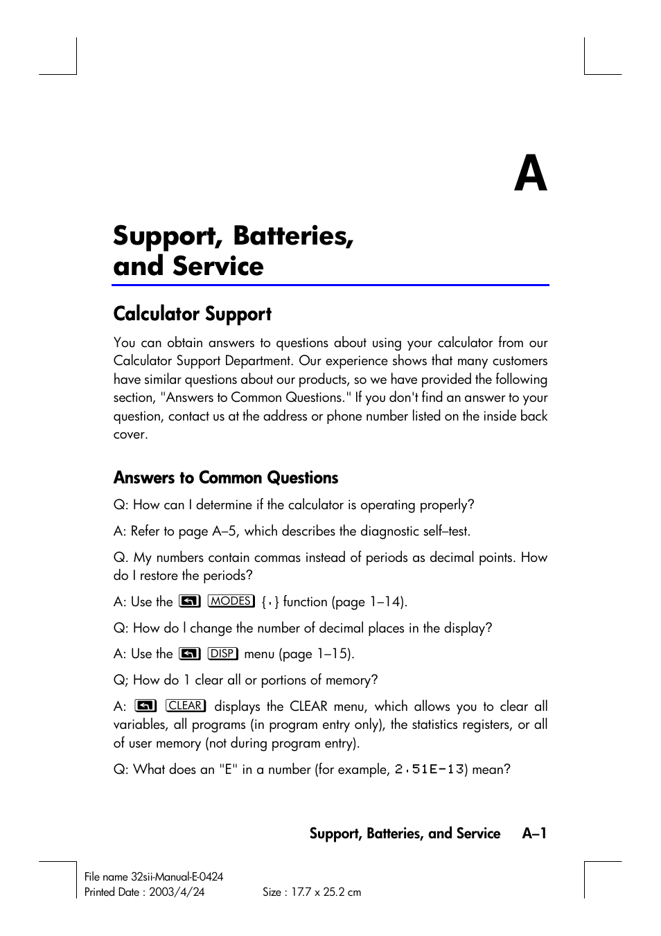 Support, batteries, and service, Calculator support | HP 32SII User Manual | Page 299 / 376