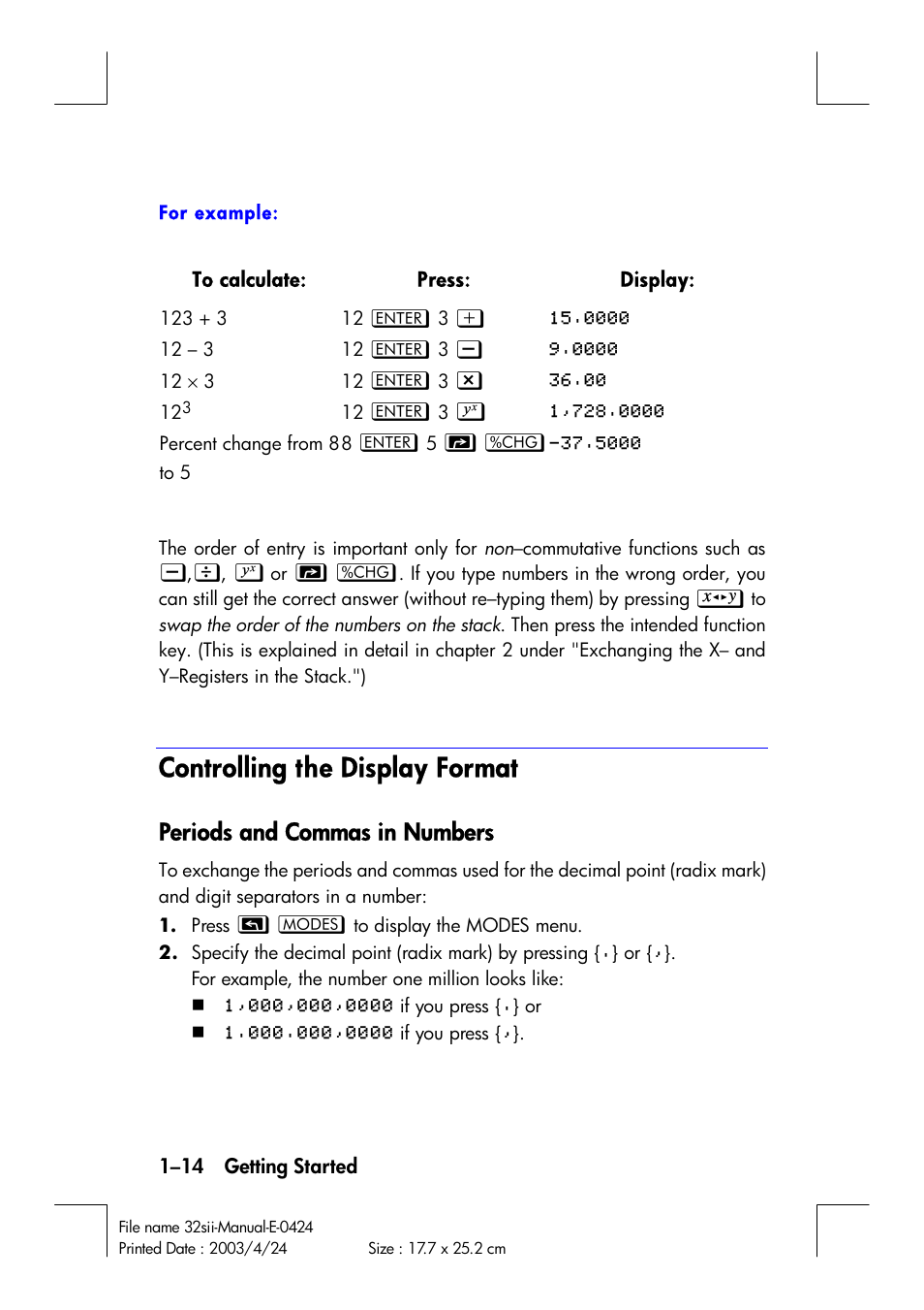 Controlling the display format, Periods and commas in numbers | HP 32SII User Manual | Page 30 / 376