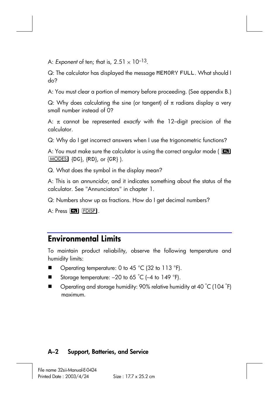 Environmental limits | HP 32SII User Manual | Page 300 / 376