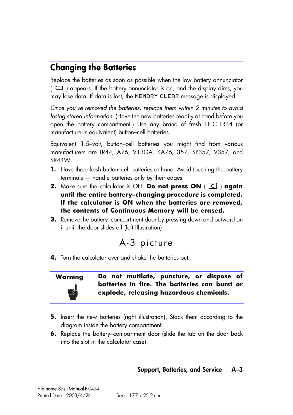 Changing the batteries | HP 32SII User Manual | Page 301 / 376