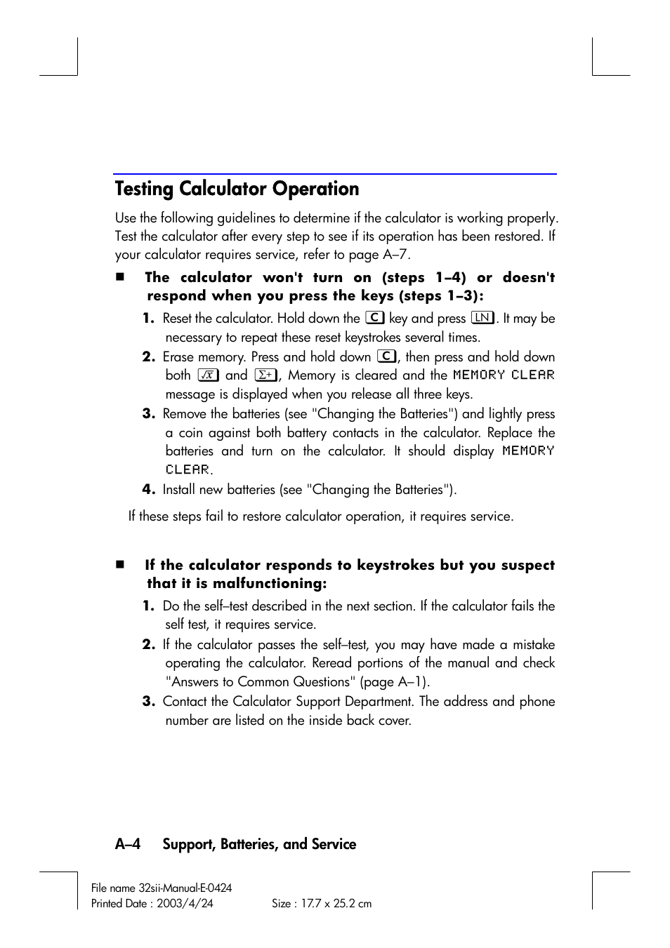 Testing calculator operation | HP 32SII User Manual | Page 302 / 376