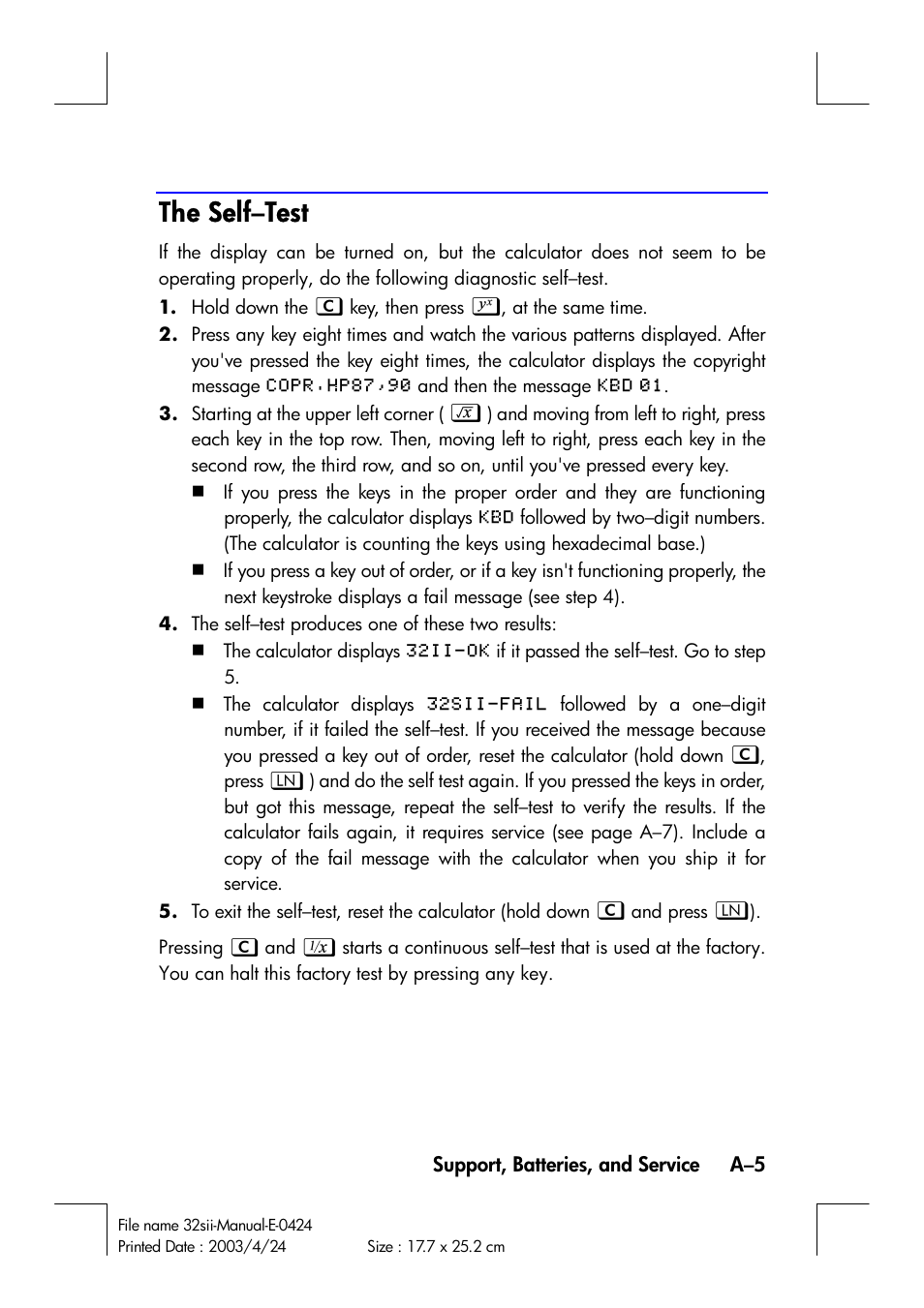 The self–test | HP 32SII User Manual | Page 303 / 376