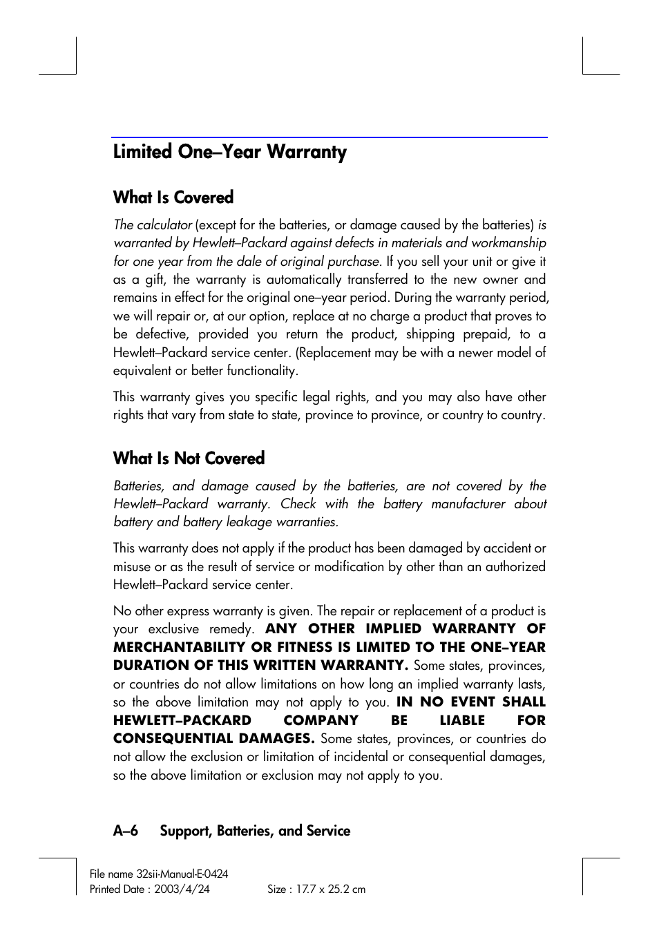 Limited one–year warranty, What is covered, What is not covered | HP 32SII User Manual | Page 304 / 376