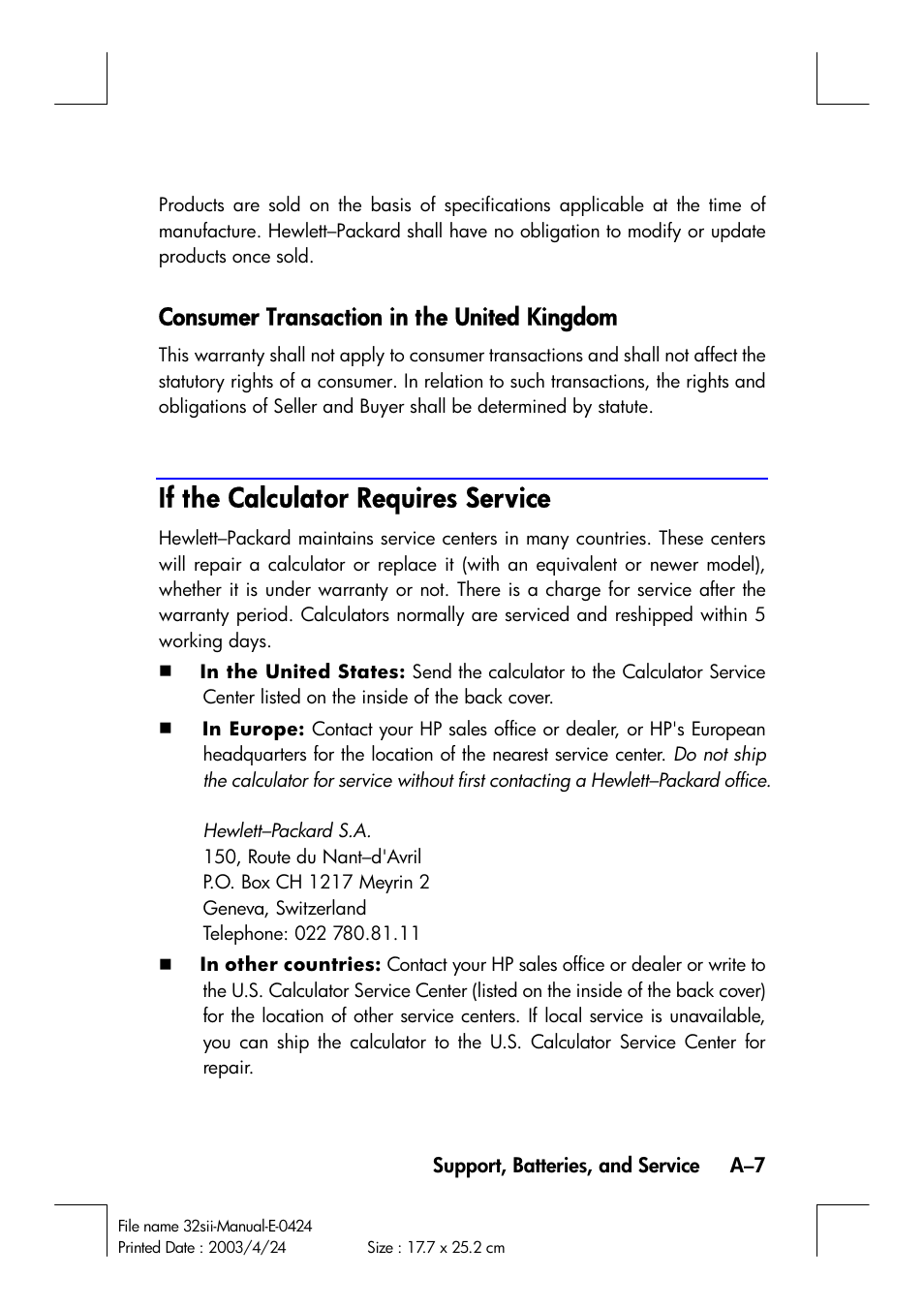 If the calculator requires service, Consumer transaction in the united kingdom | HP 32SII User Manual | Page 305 / 376