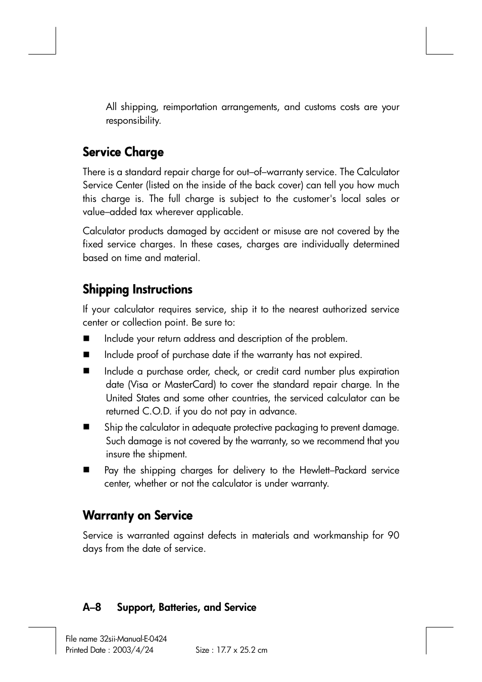 Service charge, Shipping instructions, Warranty on service | HP 32SII User Manual | Page 306 / 376