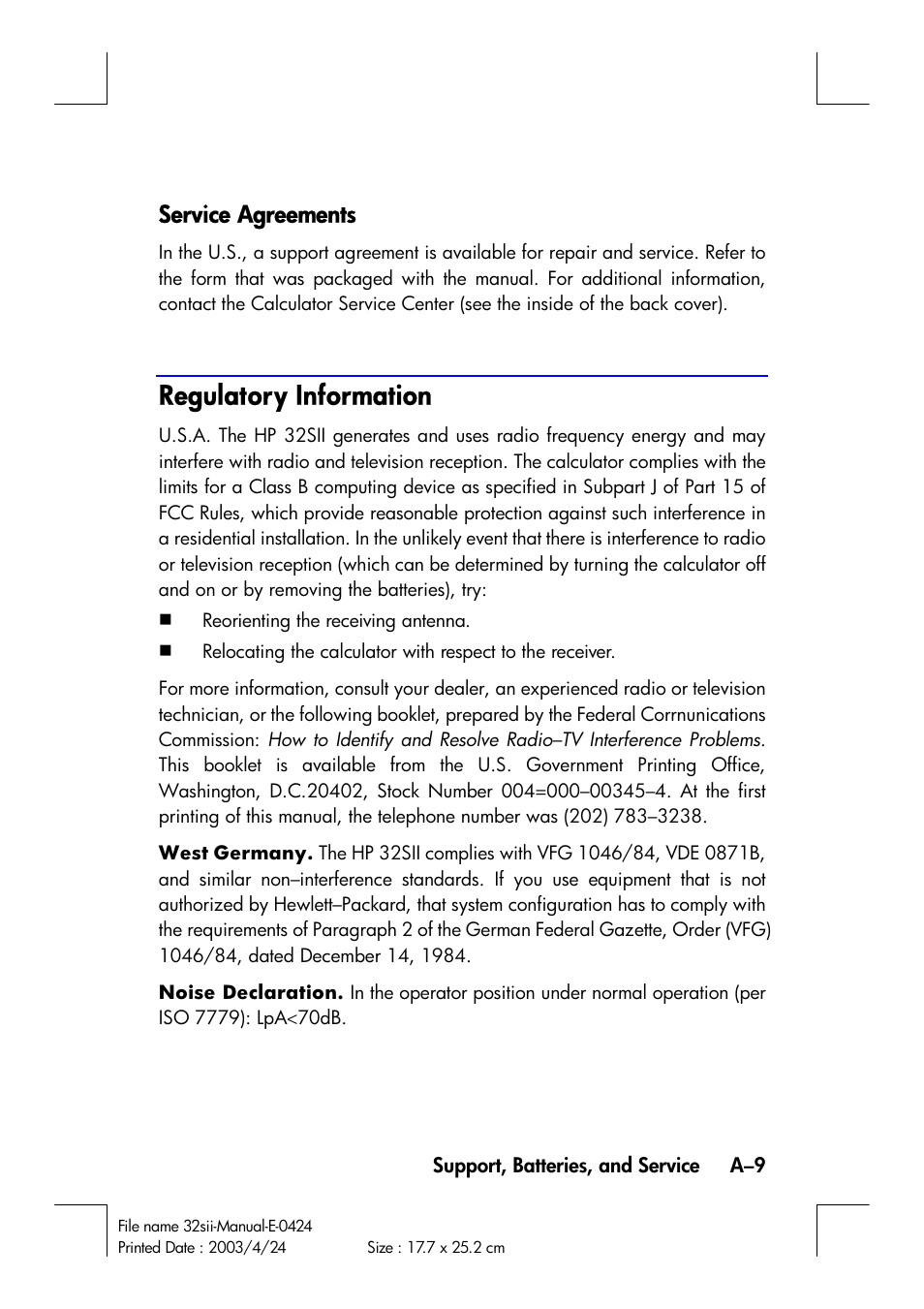 Regulatory information, Service agreements | HP 32SII User Manual | Page 307 / 376