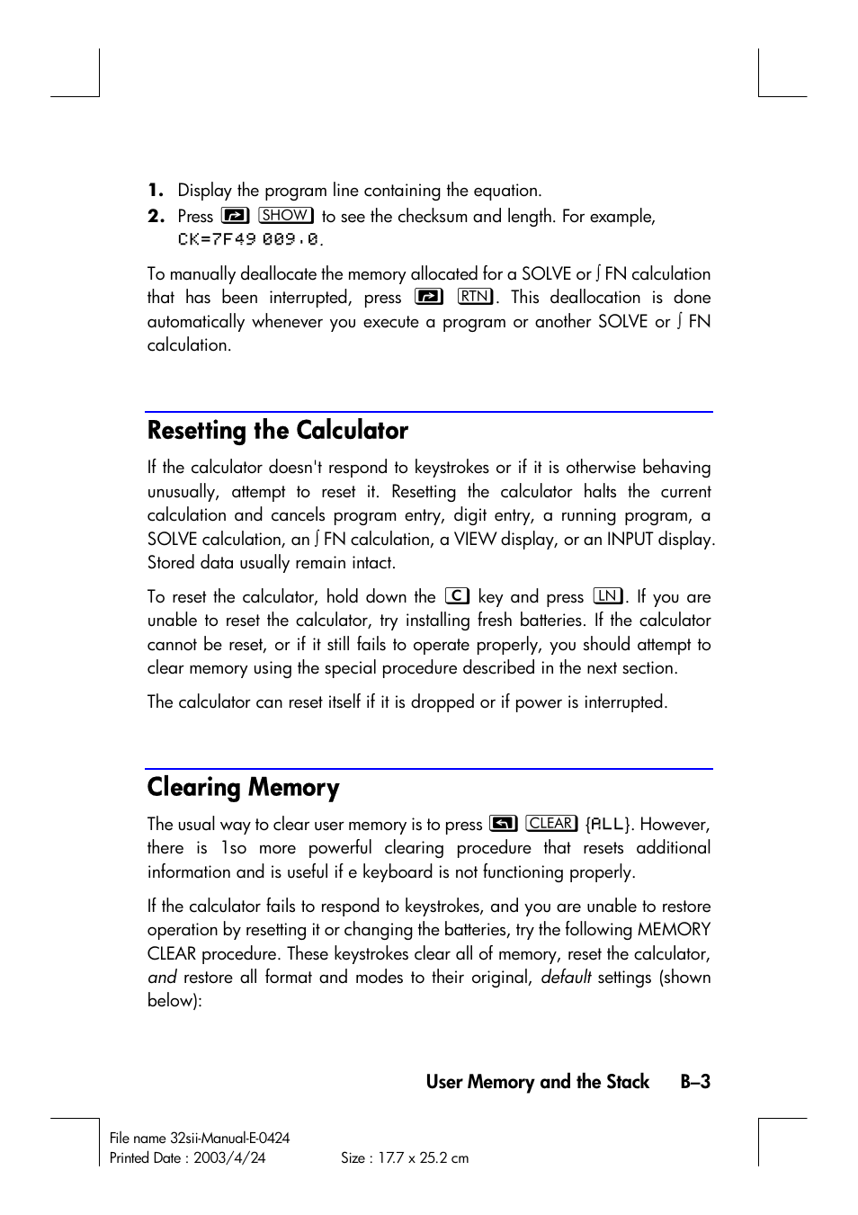Resetting the calculator | HP 32SII User Manual | Page 311 / 376