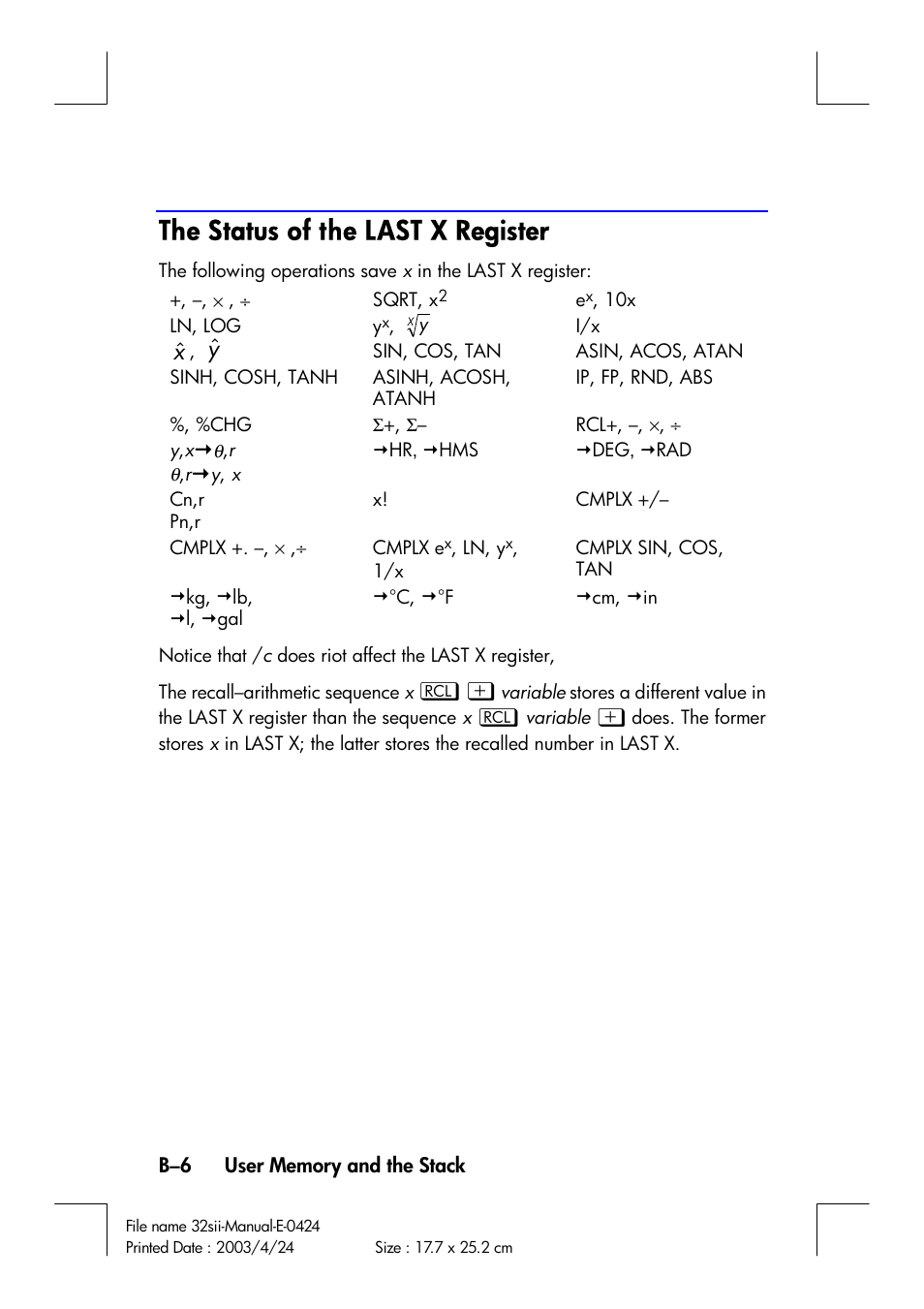 The status of the last x register | HP 32SII User Manual | Page 314 / 376