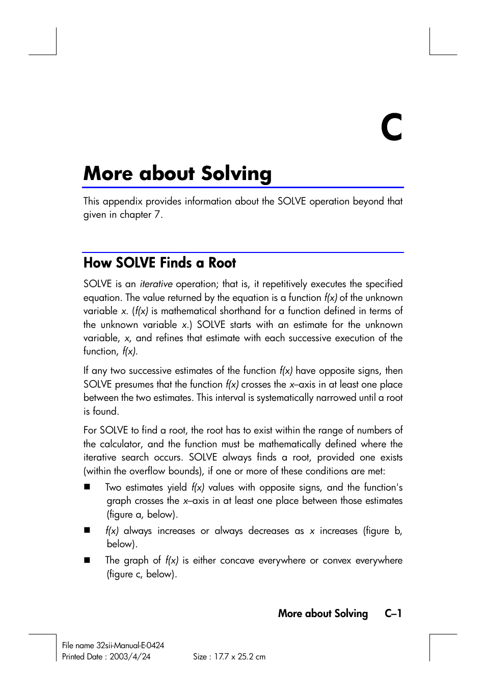 More about solving, How solve finds a root | HP 32SII User Manual | Page 315 / 376