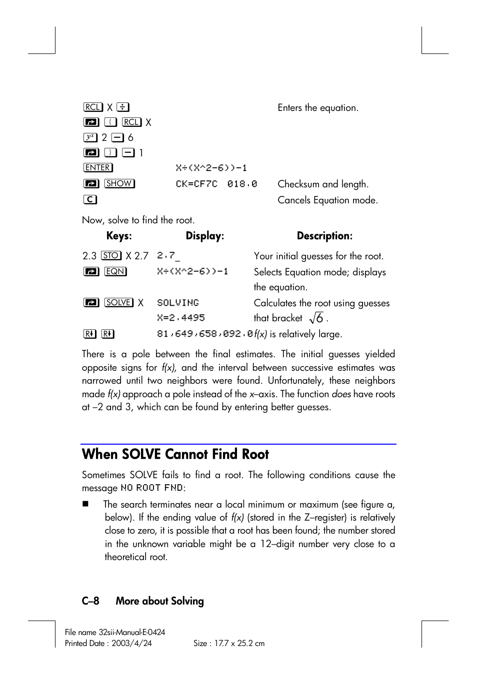 When solve cannot find root | HP 32SII User Manual | Page 322 / 376