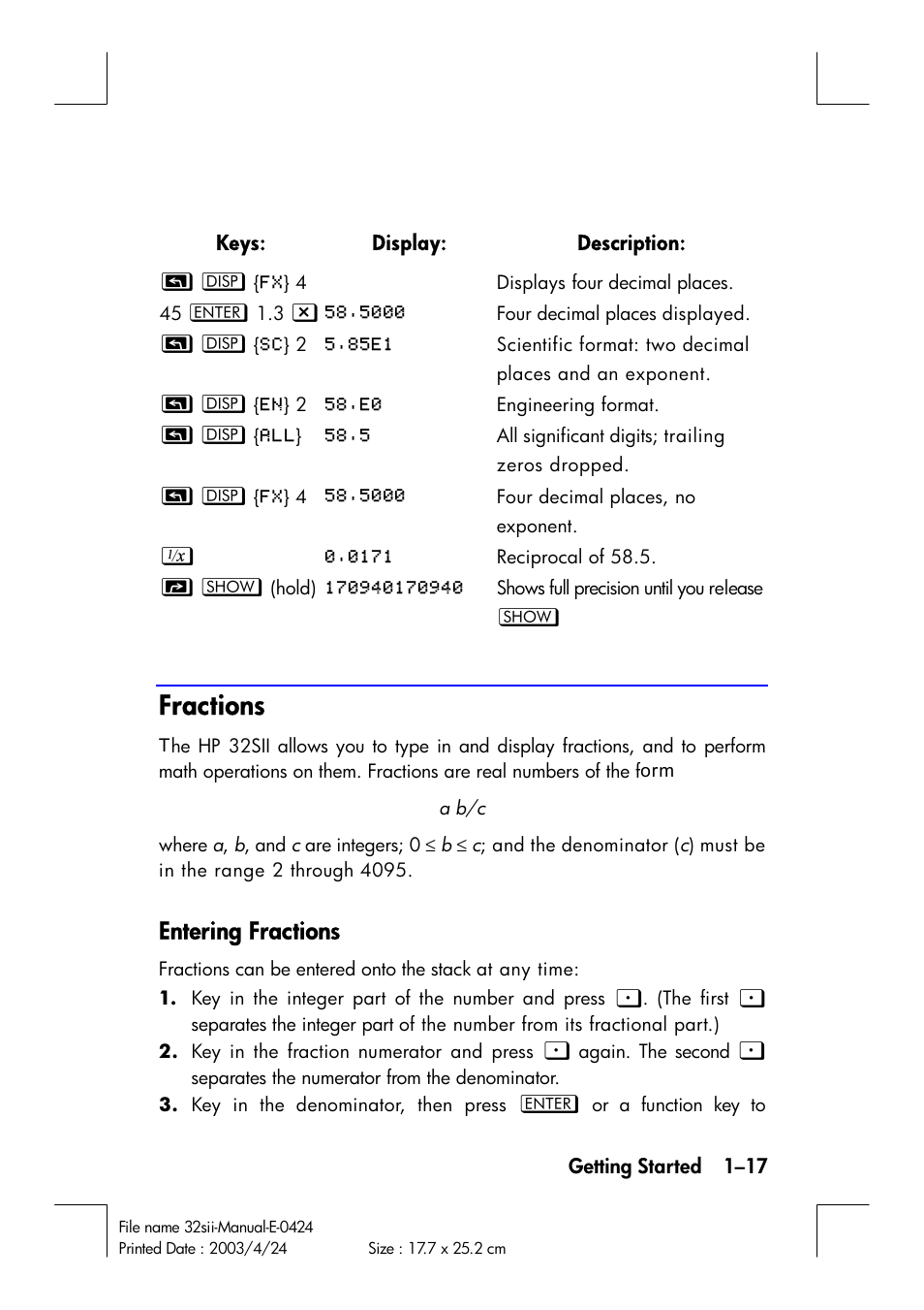 Fractions, Entering fractions | HP 32SII User Manual | Page 33 / 376