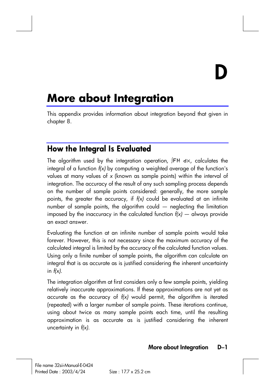 More about integration, How the integral is evaluated | HP 32SII User Manual | Page 331 / 376