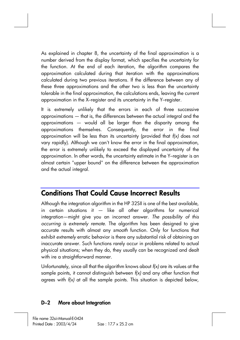 Conditions that could cause incorrect results | HP 32SII User Manual | Page 332 / 376