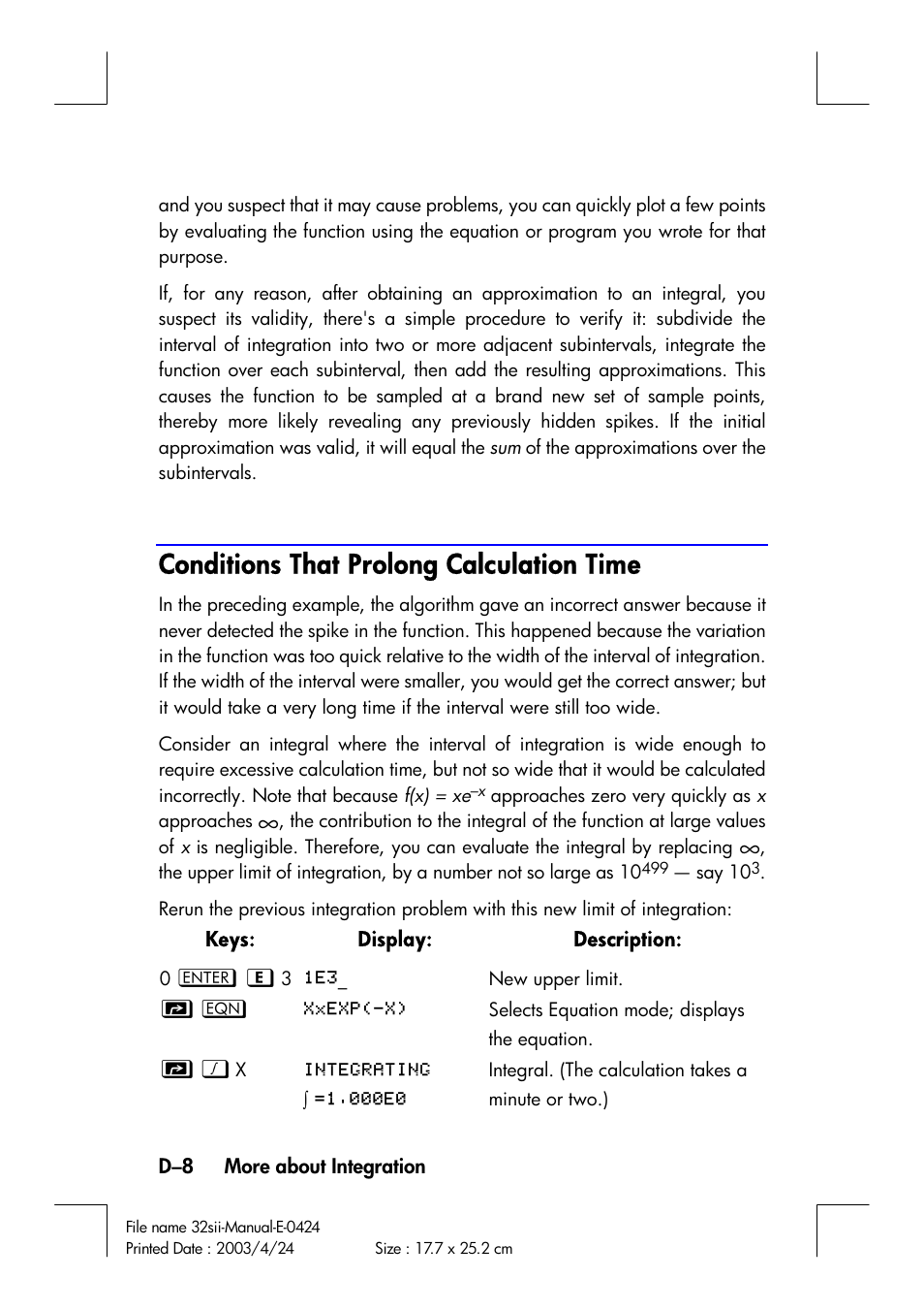 Conditions that prolong calculation time | HP 32SII User Manual | Page 338 / 376