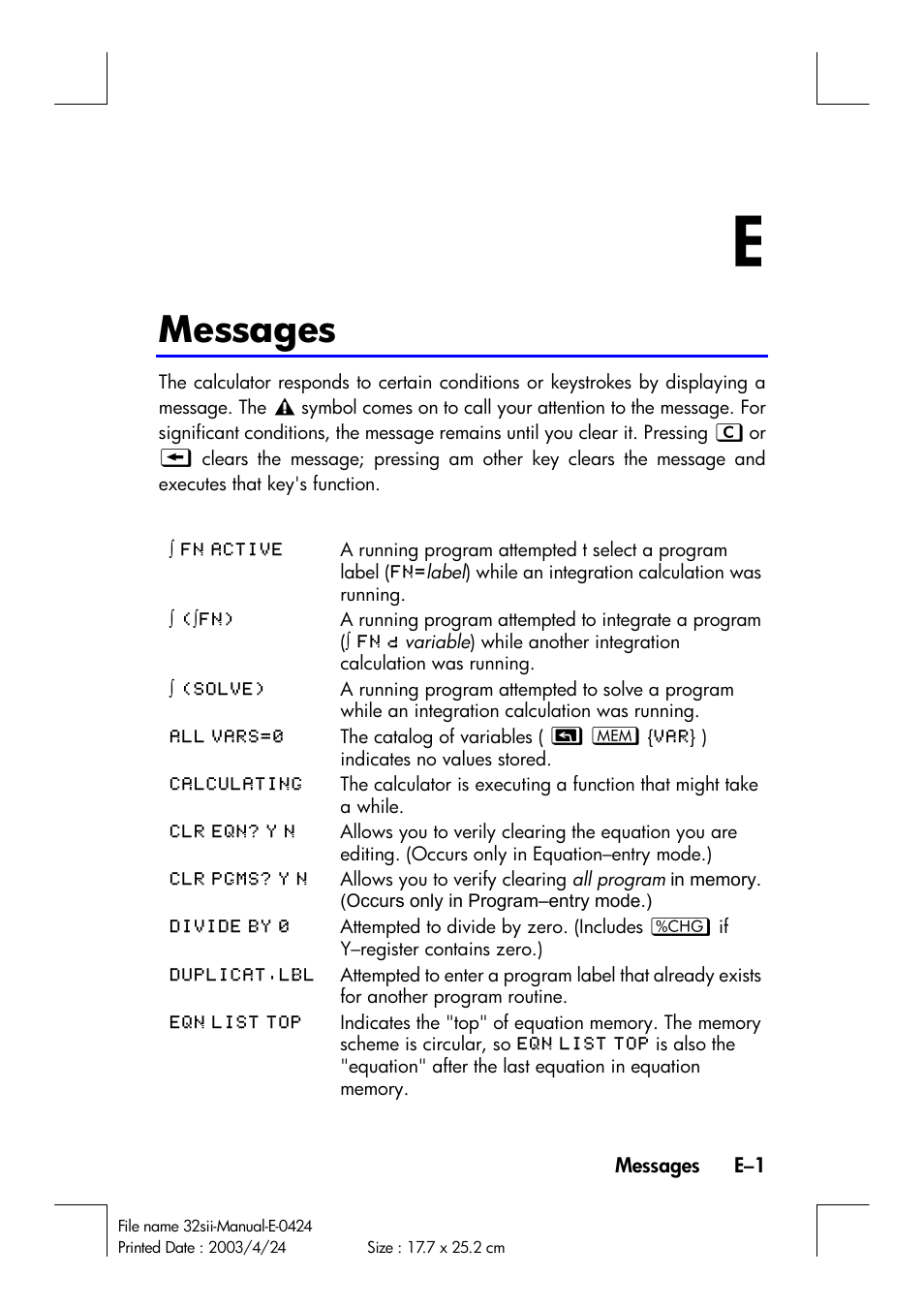 Messages | HP 32SII User Manual | Page 341 / 376