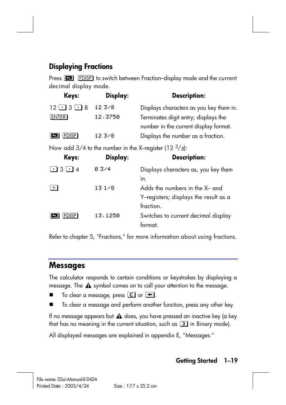 Messages, Displaying fractions | HP 32SII User Manual | Page 35 / 376