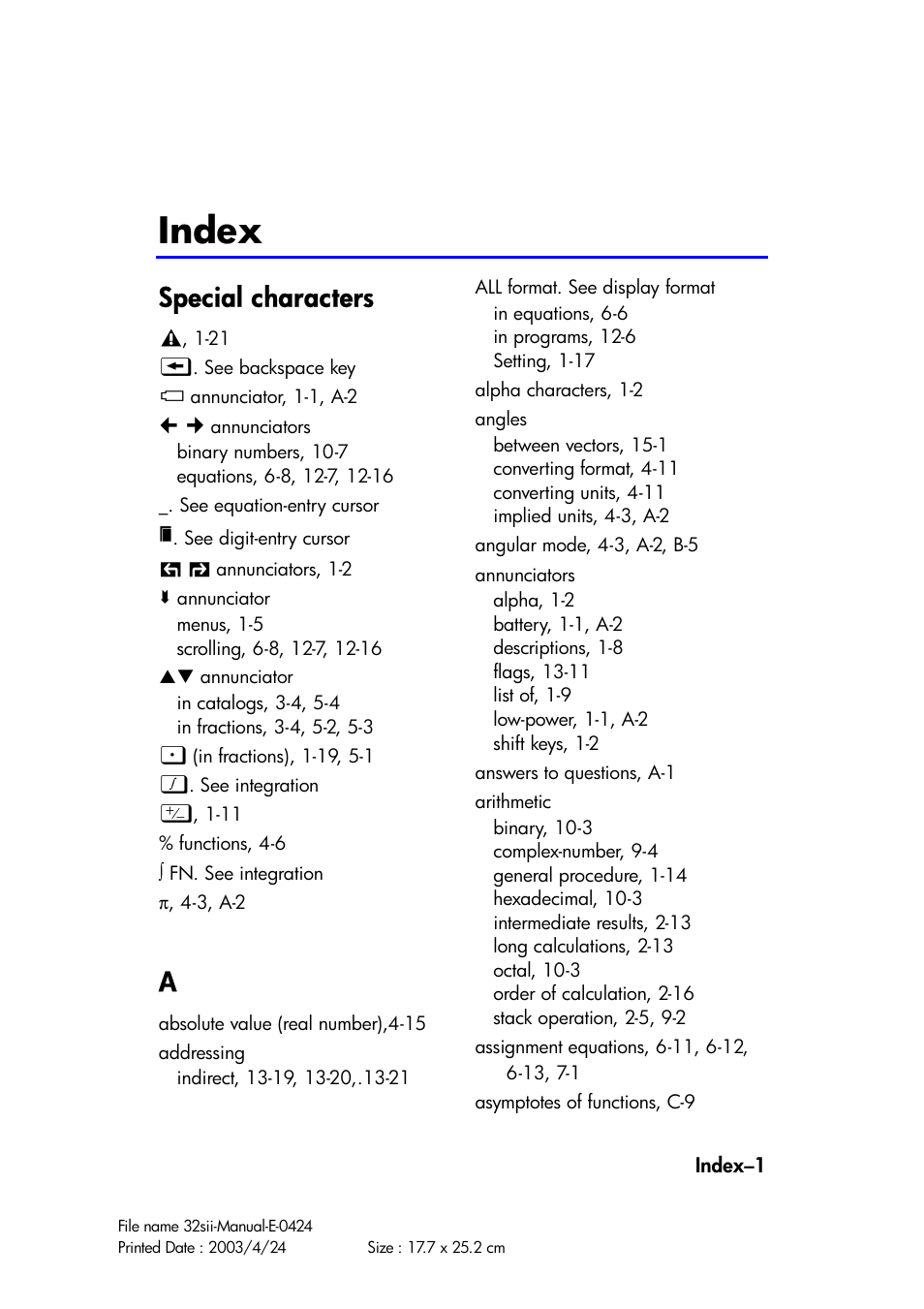 Index, Special characters | HP 32SII User Manual | Page 361 / 376