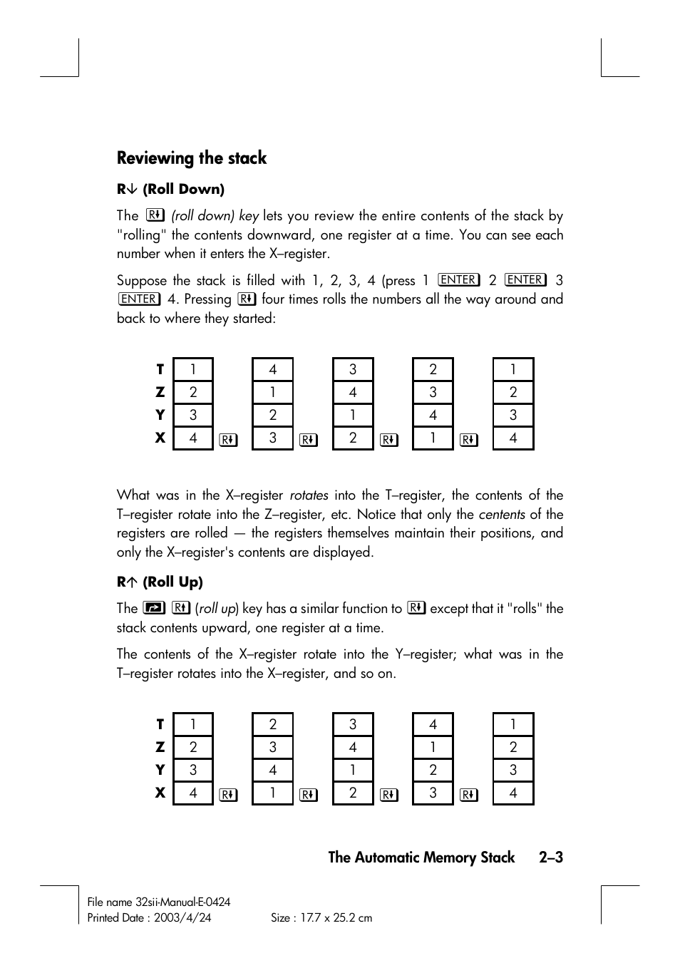 Reviewing the stack | HP 32SII User Manual | Page 41 / 376