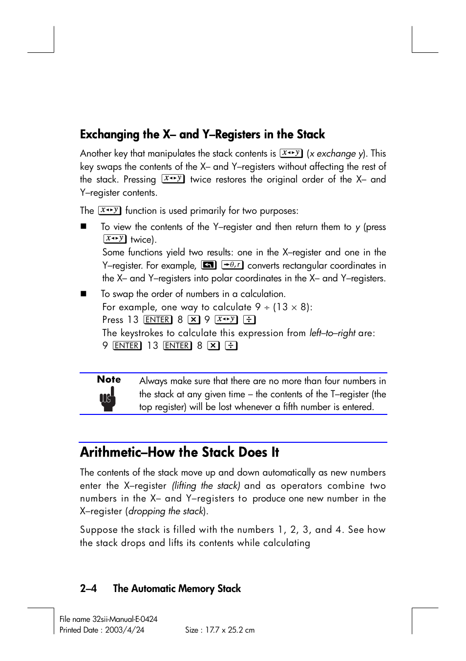 Arithmetic–how the stack does it, Exchanging the x– and y–registers in the stack | HP 32SII User Manual | Page 42 / 376