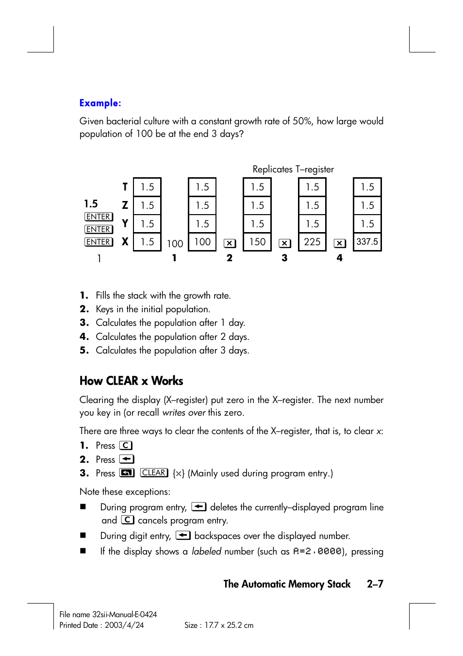 How clear x works | HP 32SII User Manual | Page 45 / 376