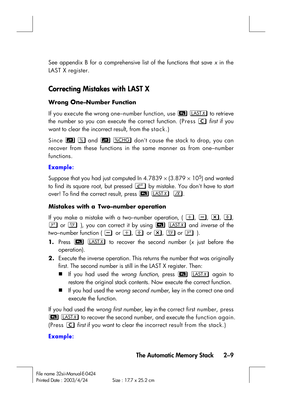 Correcting mistakes with last x | HP 32SII User Manual | Page 47 / 376