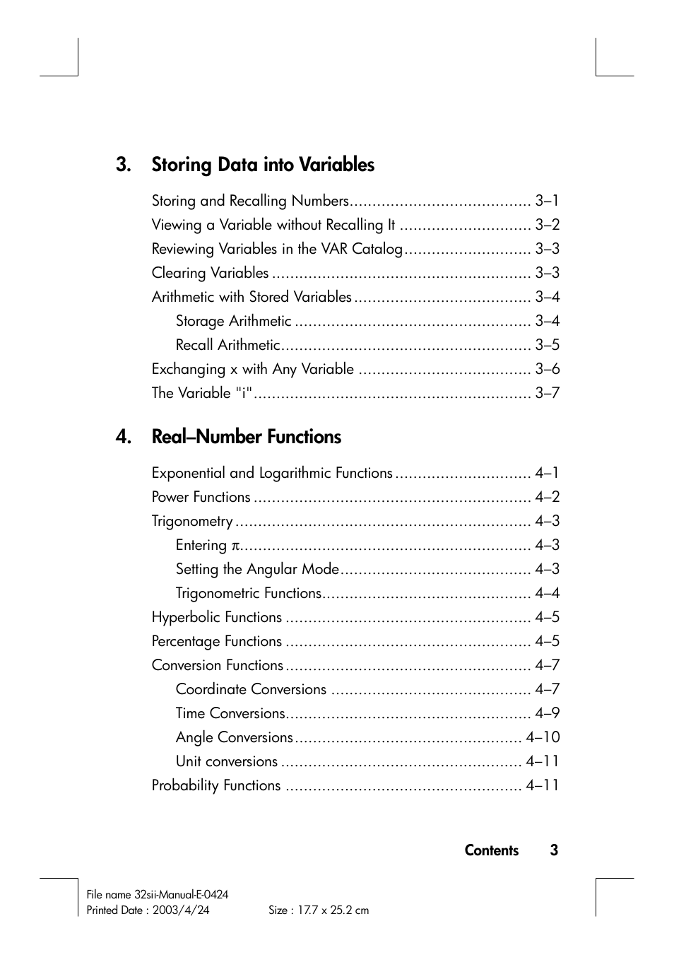 Storing data into variables, Real–number functions | HP 32SII User Manual | Page 5 / 376