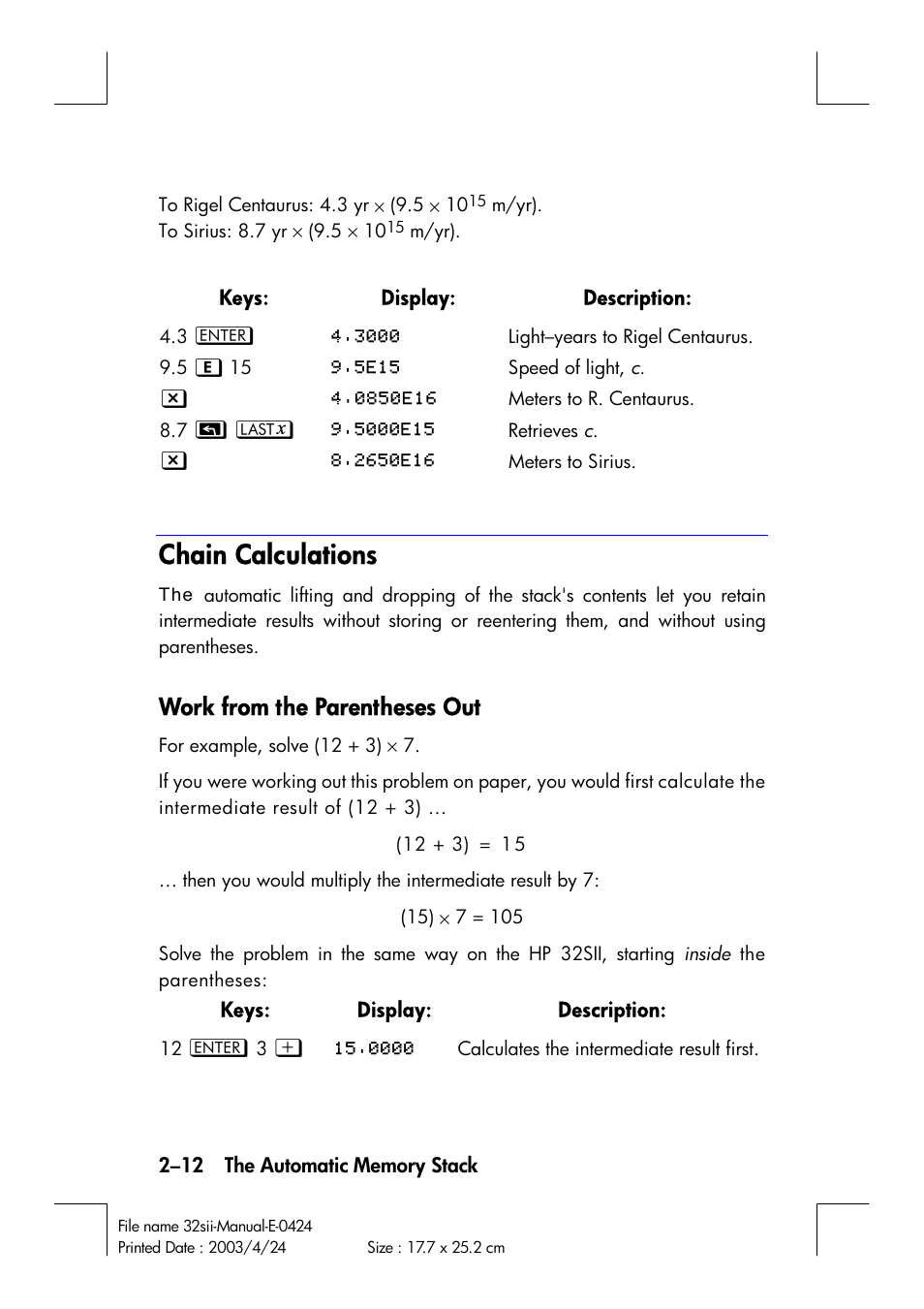 Chain calculations, Work from the parentheses out | HP 32SII User Manual | Page 50 / 376
