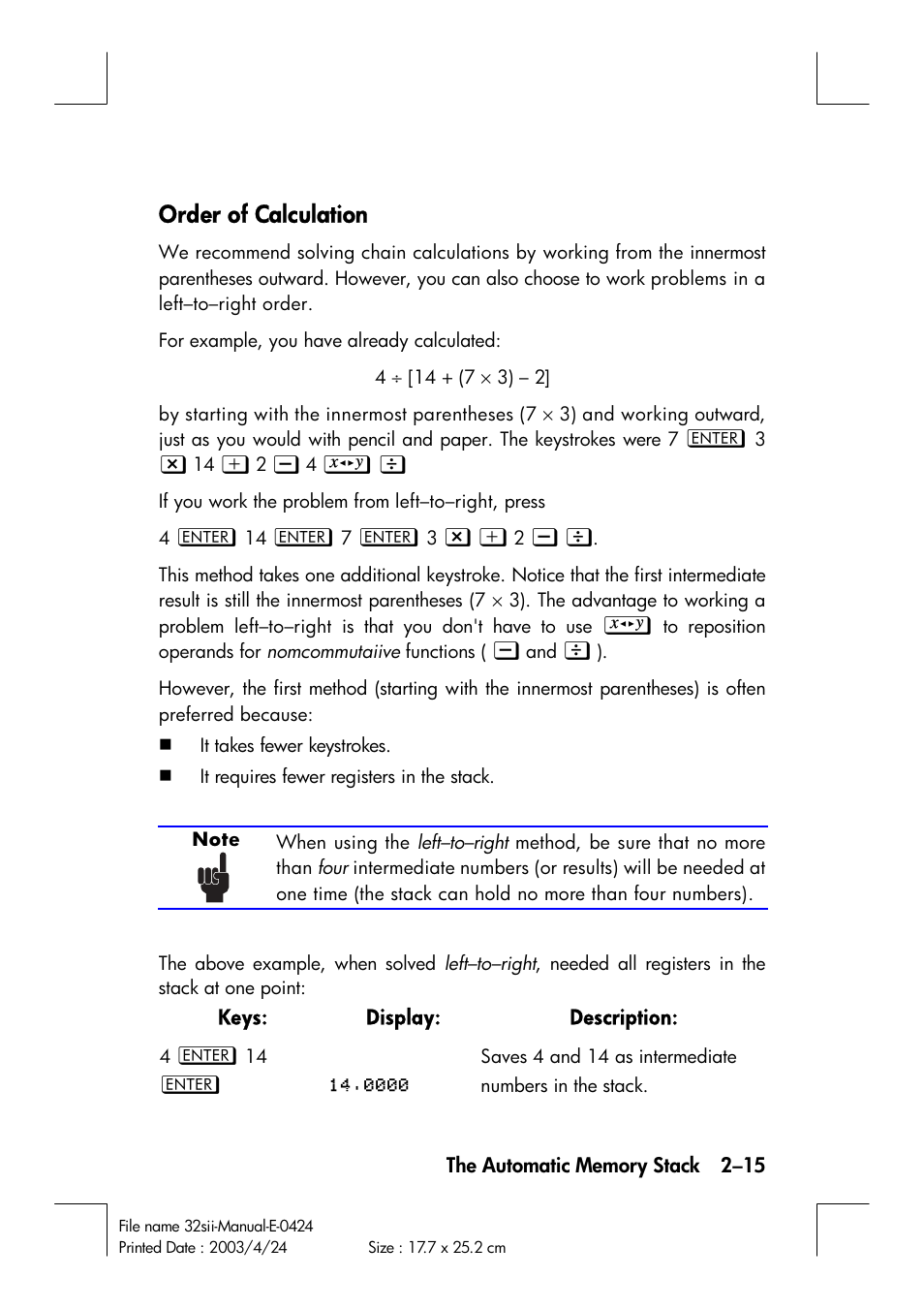 Order of calculation | HP 32SII User Manual | Page 53 / 376