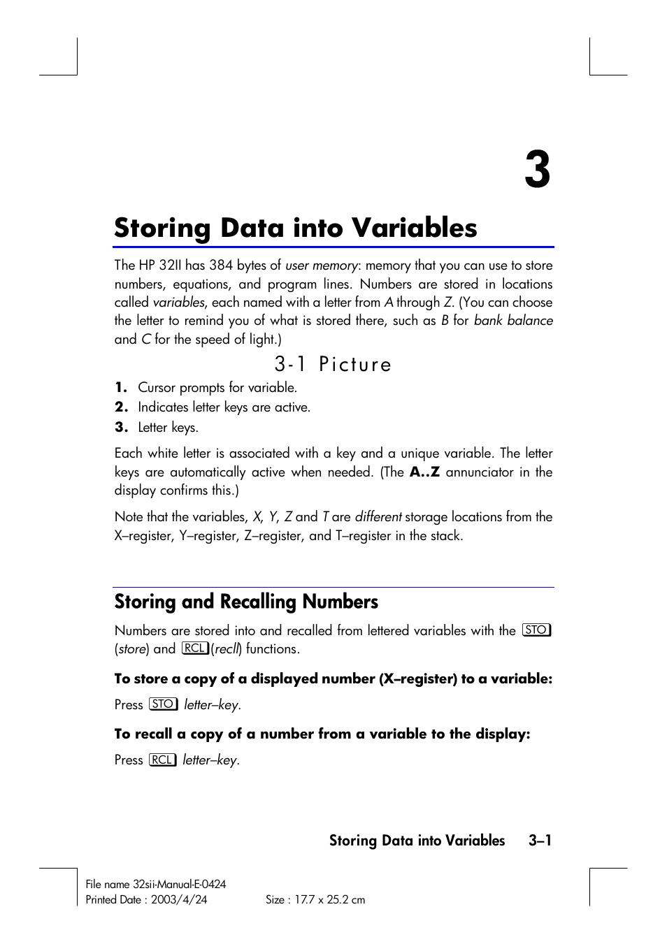 Storing data into variables, Storing and recalling numbers | HP 32SII User Manual | Page 57 / 376