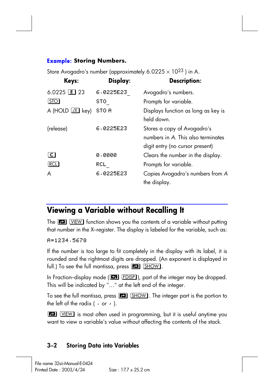 Viewing a variable without recalling it | HP 32SII User Manual | Page 58 / 376