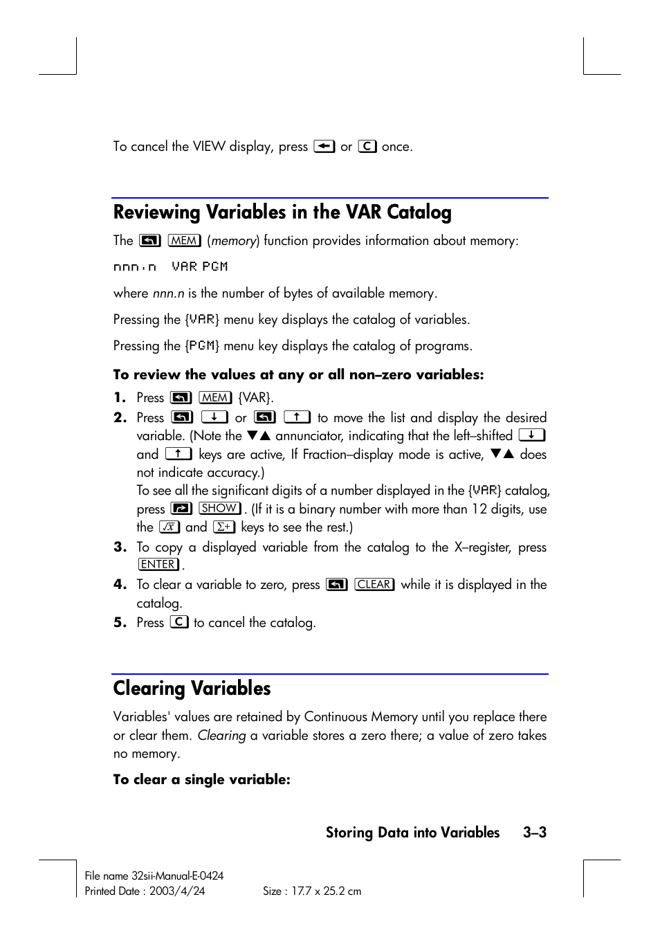 Reviewing variables in the var catalog, Clearing variables | HP 32SII User Manual | Page 59 / 376