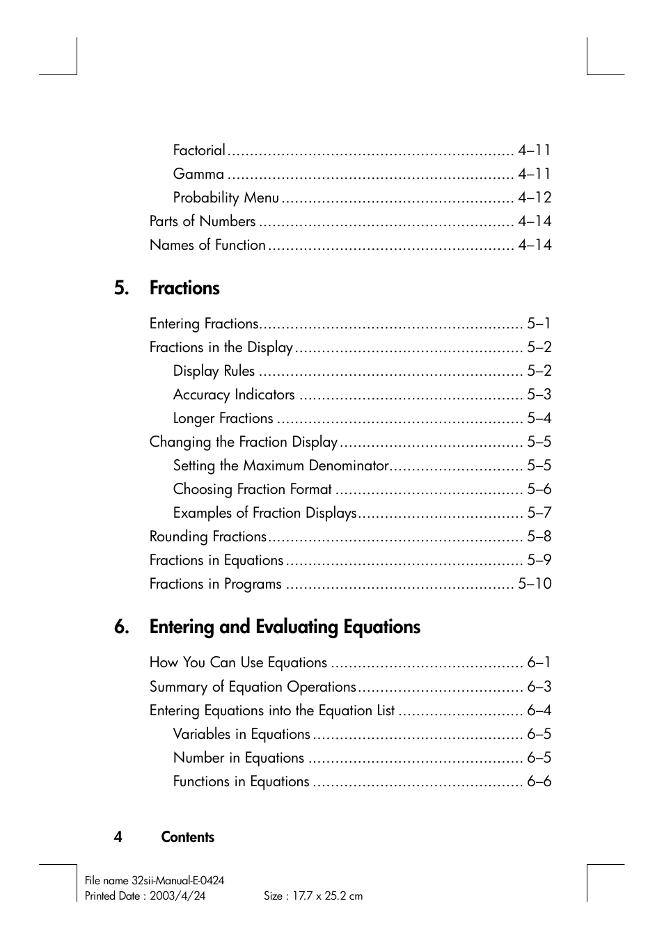 Fractions, Entering and evaluating equations | HP 32SII User Manual | Page 6 / 376