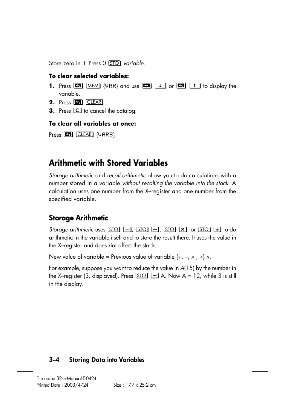 Arithmetic with stored variables, Storage arithmetic | HP 32SII User Manual | Page 60 / 376