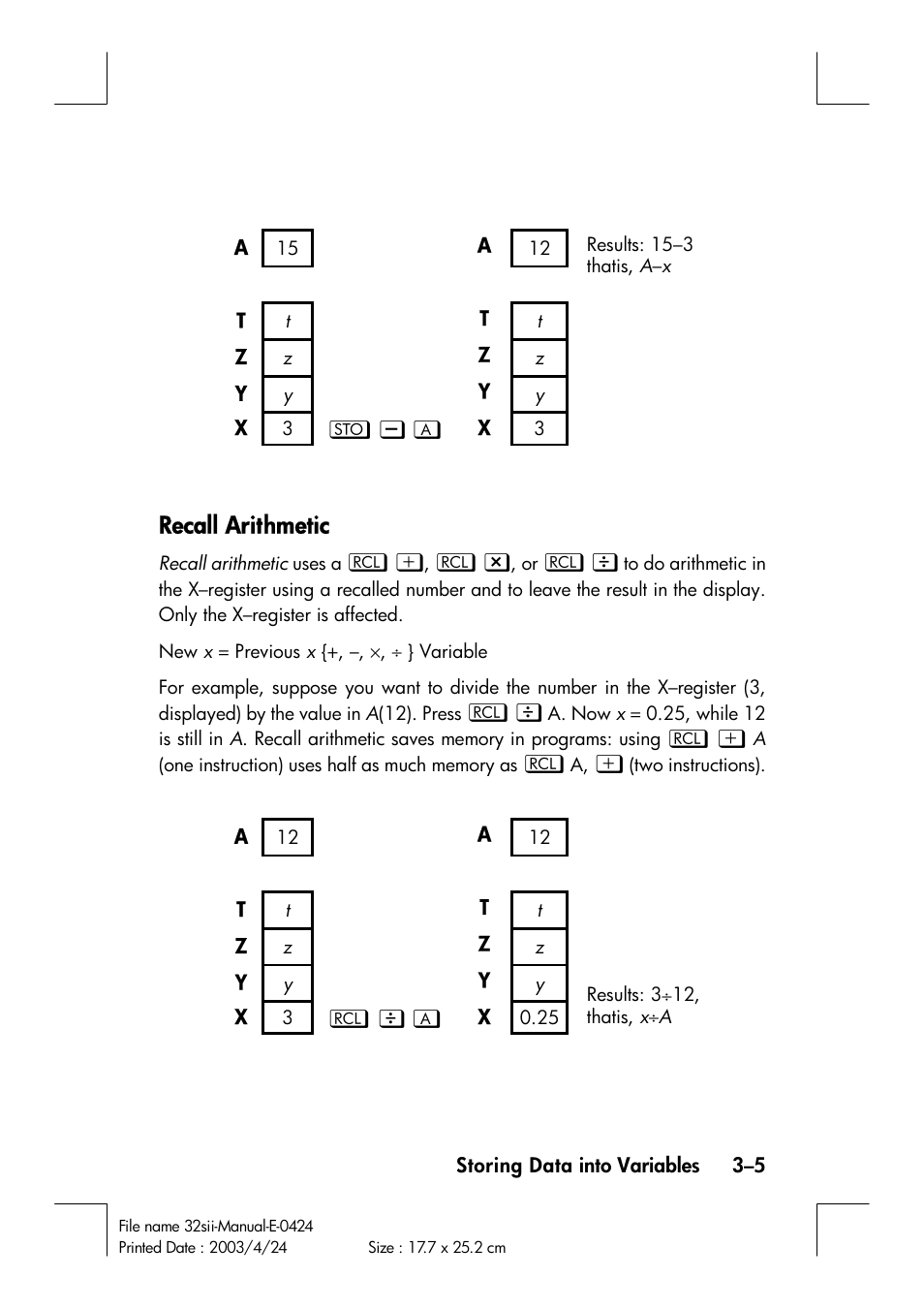 Recall arithmetic | HP 32SII User Manual | Page 61 / 376