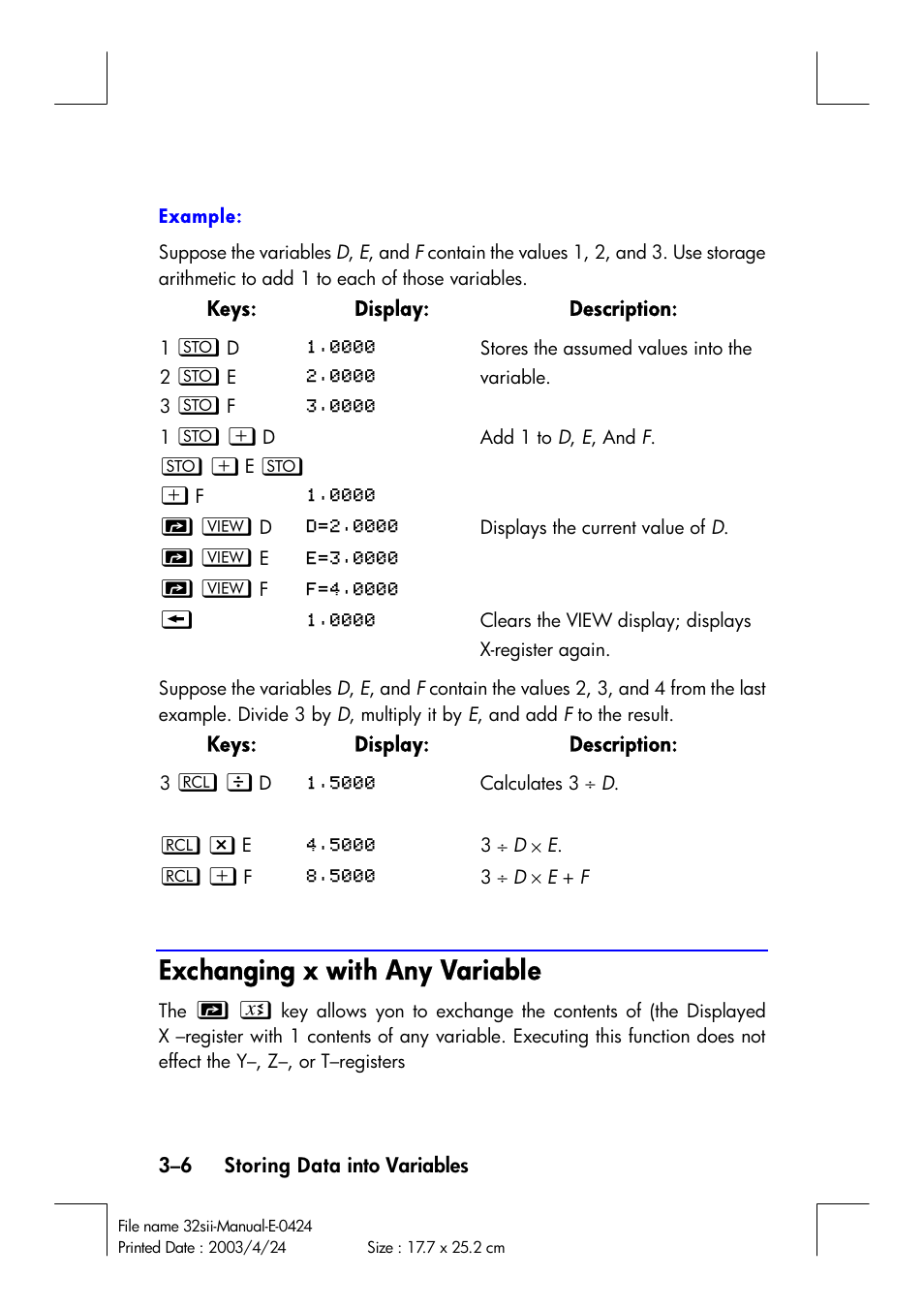 Exchanging x with any variable | HP 32SII User Manual | Page 62 / 376