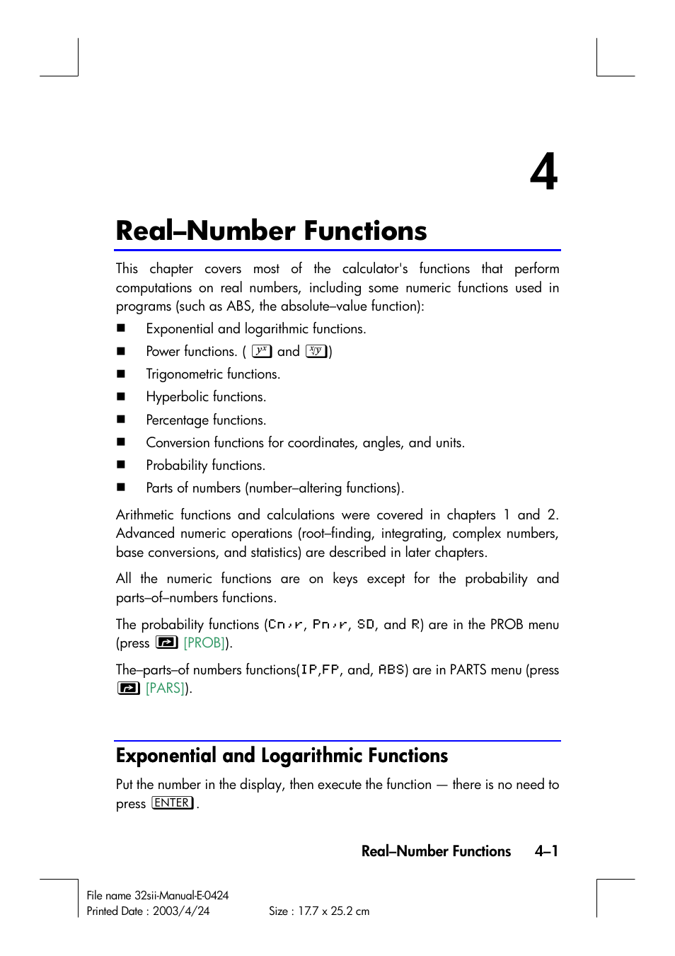 Real–number functions, Exponential and logarithmic functions | HP 32SII User Manual | Page 65 / 376
