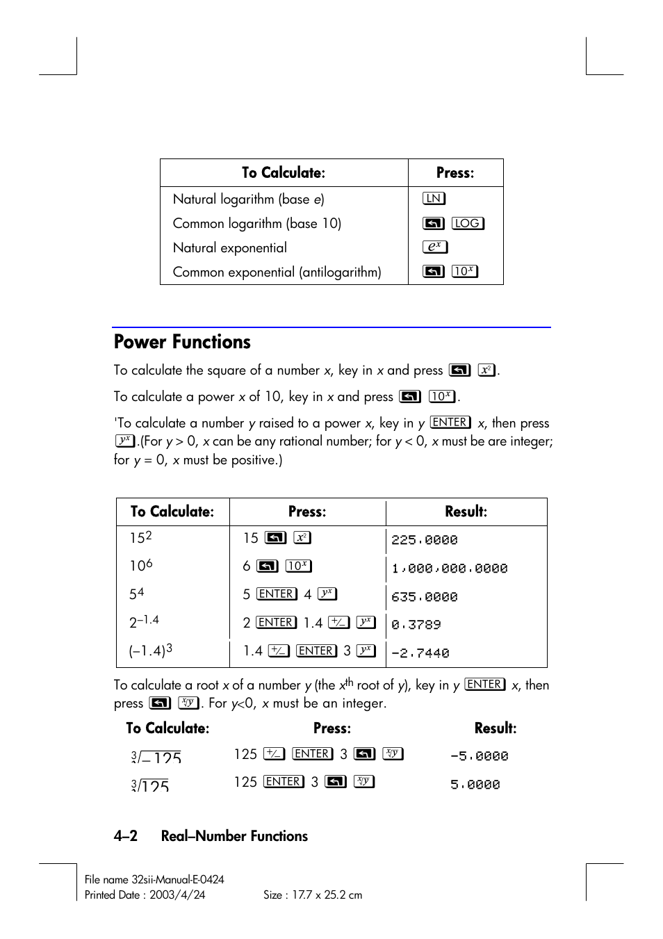 Power functions | HP 32SII User Manual | Page 66 / 376