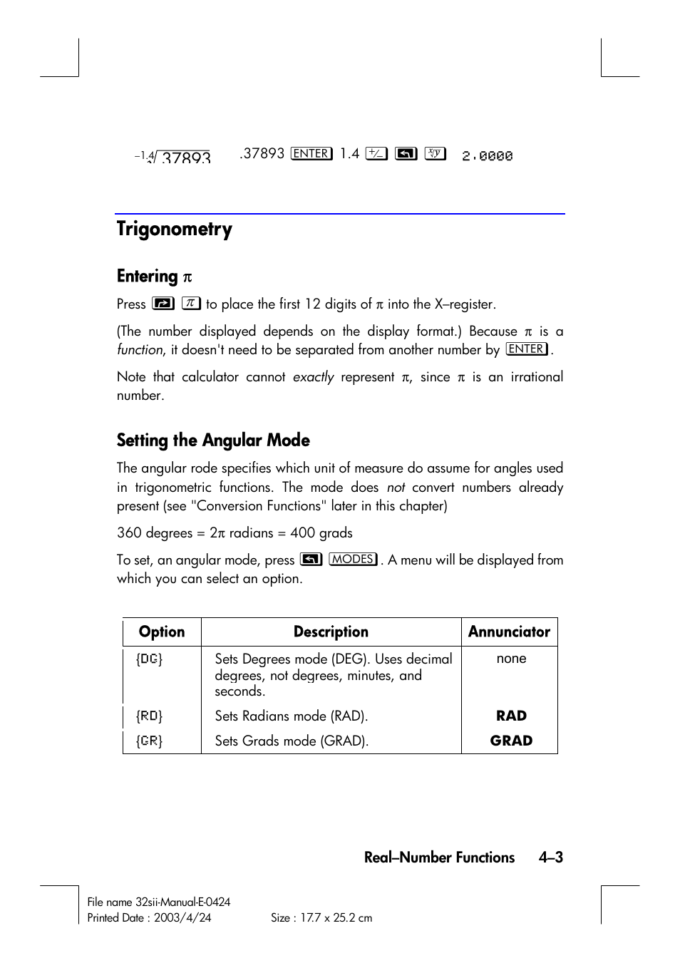 Trigonometry, Entering, Setting the angular mode | HP 32SII User Manual | Page 67 / 376
