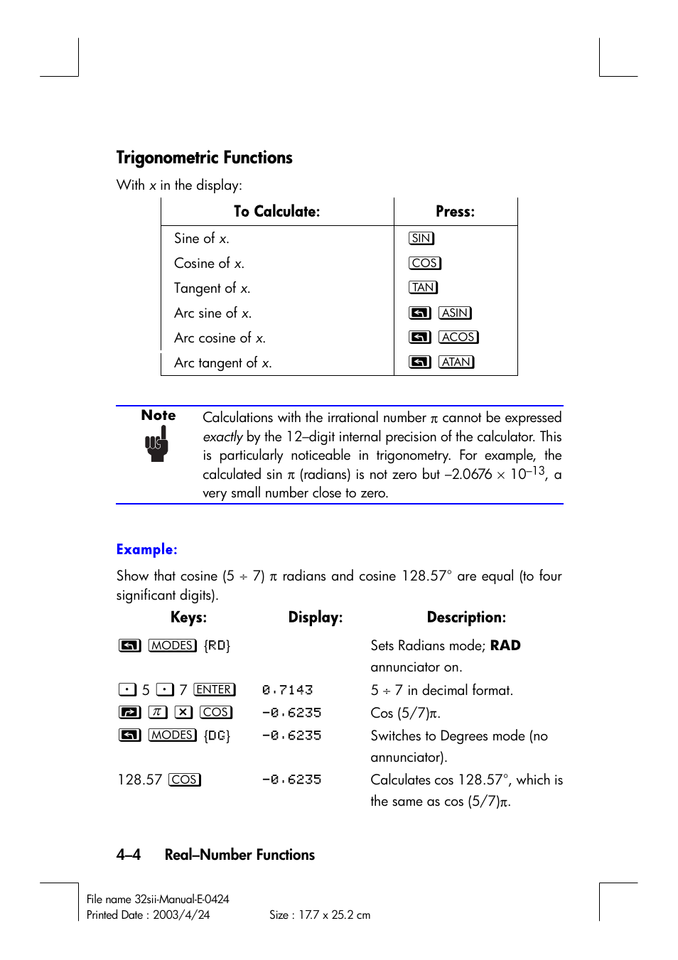 Trigonometric functions | HP 32SII User Manual | Page 68 / 376