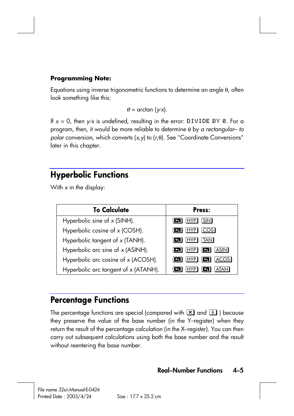 Hyperbolic functions, Percentage functions | HP 32SII User Manual | Page 69 / 376