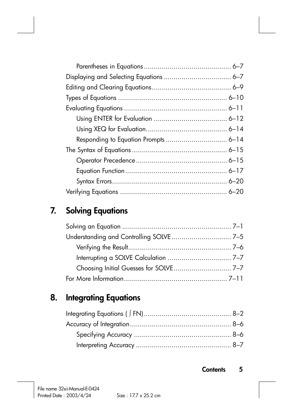 Solving equations, Integrating equations | HP 32SII User Manual | Page 7 / 376