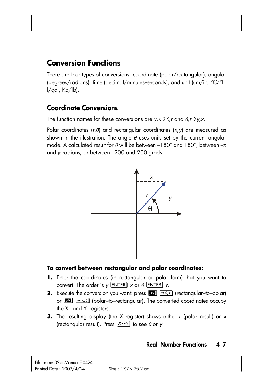 Conversion functions, Coordinate conversions | HP 32SII User Manual | Page 71 / 376