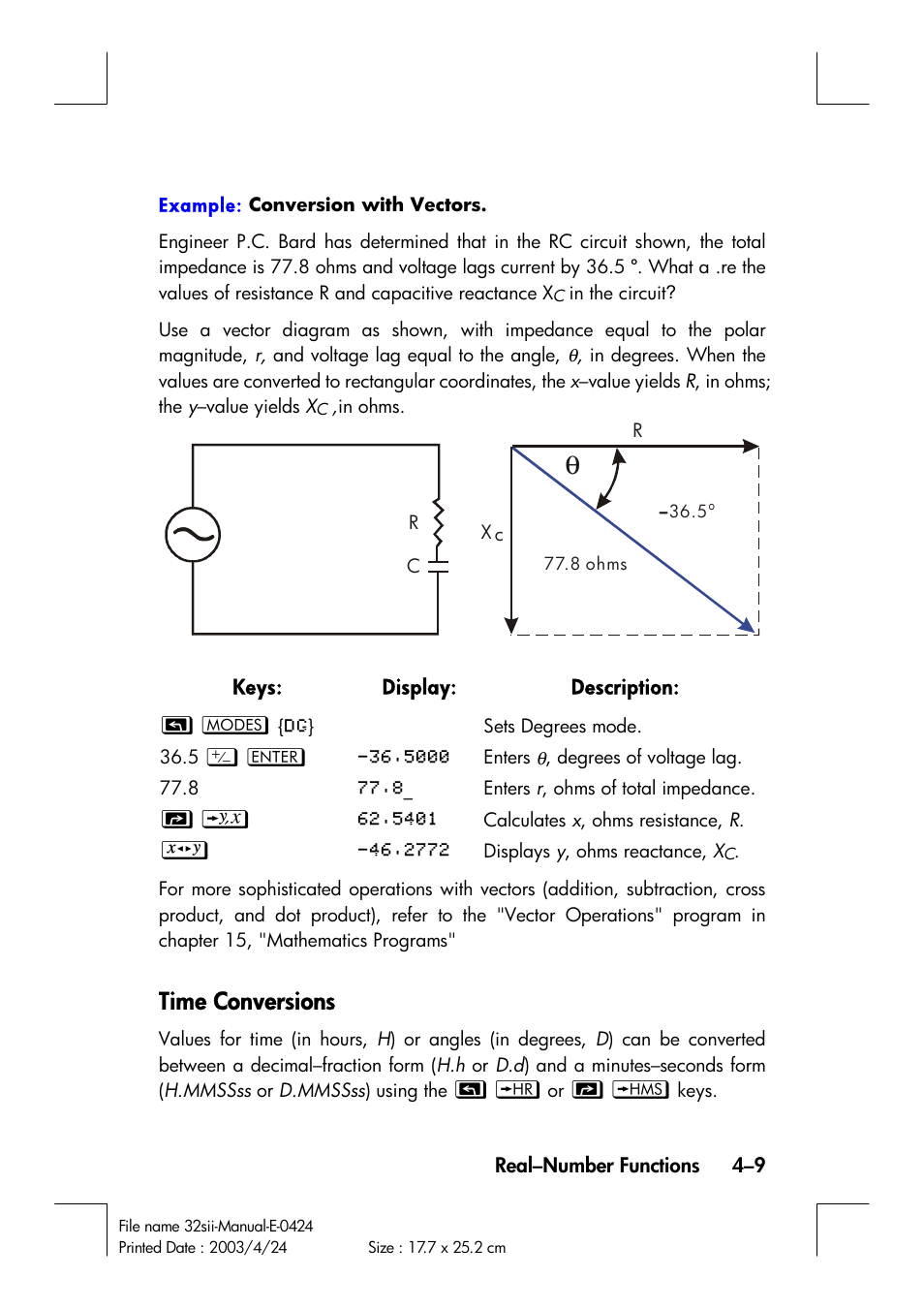 Time conversions | HP 32SII User Manual | Page 73 / 376