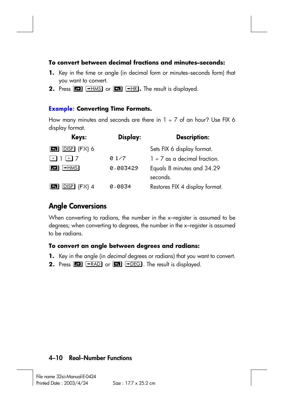 Angle conversions | HP 32SII User Manual | Page 74 / 376
