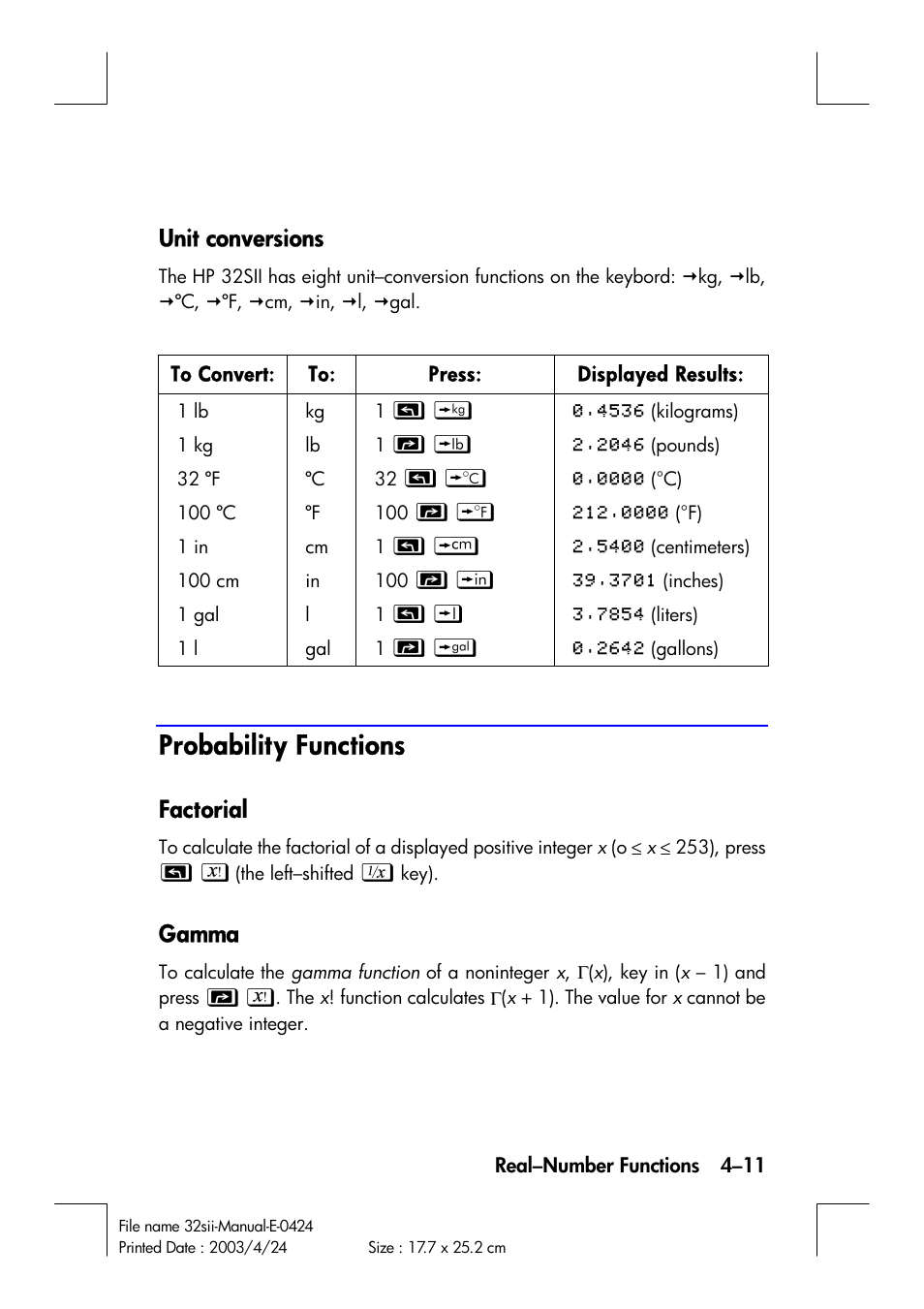 Probability functions, Unit conversions, Factorial | Gamma | HP 32SII User Manual | Page 75 / 376