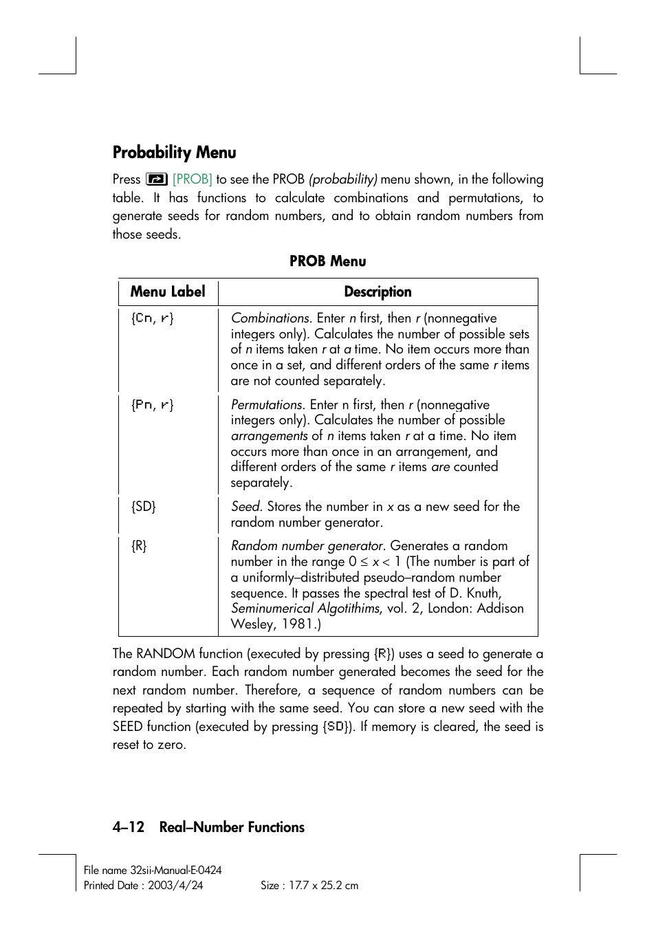 Probability menu | HP 32SII User Manual | Page 76 / 376
