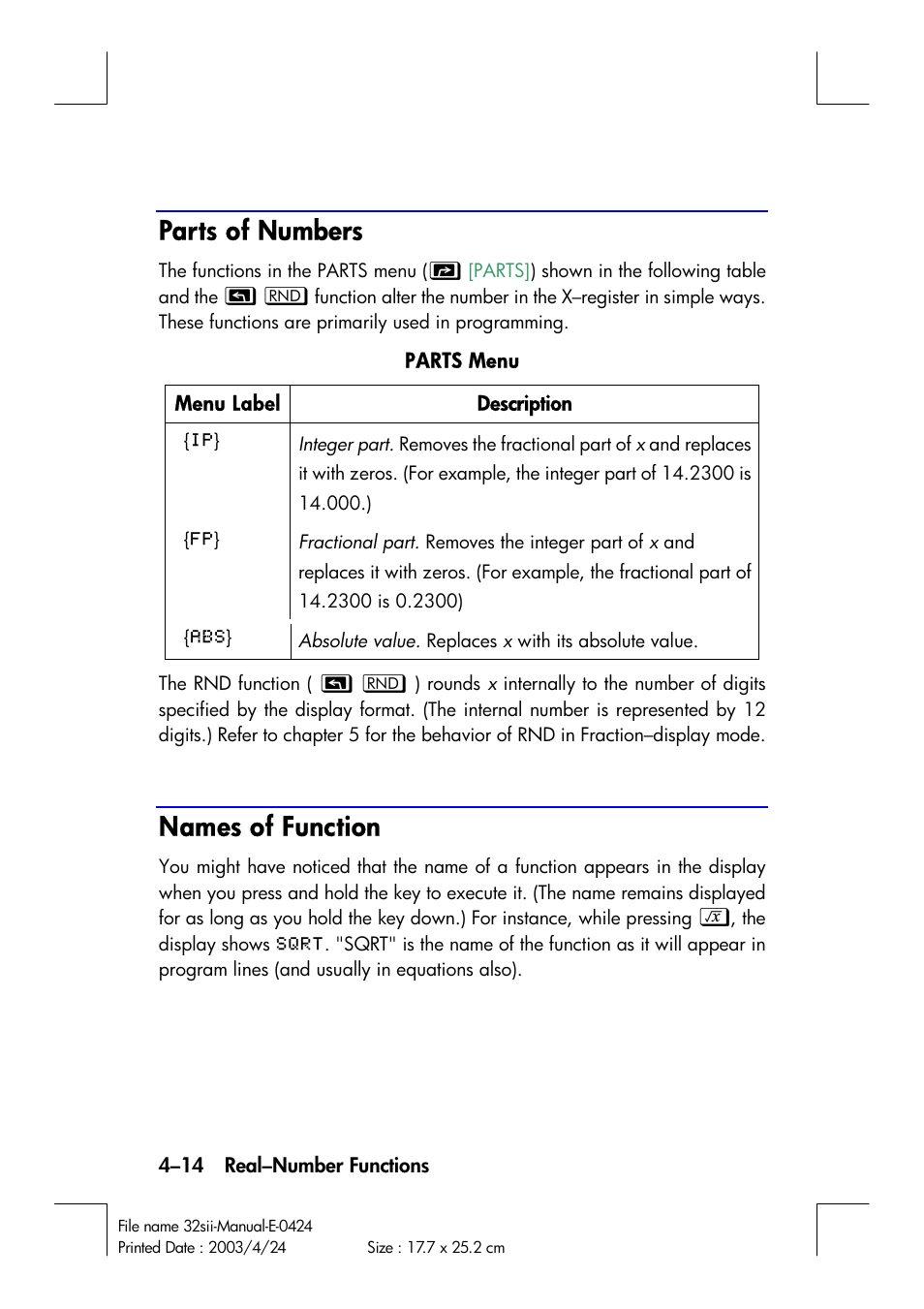 Parts of numbers, Names of function | HP 32SII User Manual | Page 78 / 376