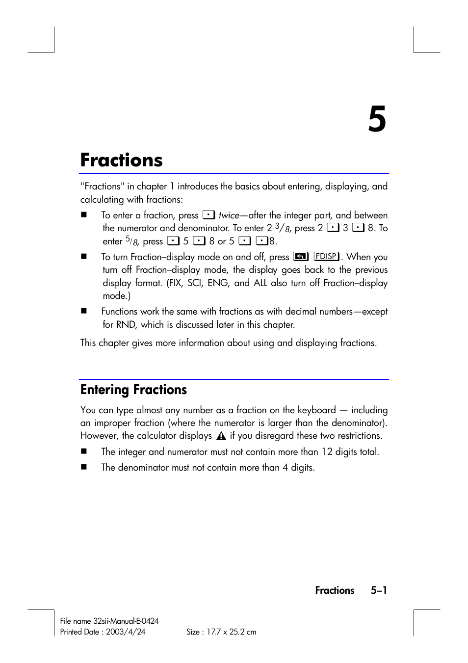 Fractions, Entering fractions | HP 32SII User Manual | Page 79 / 376
