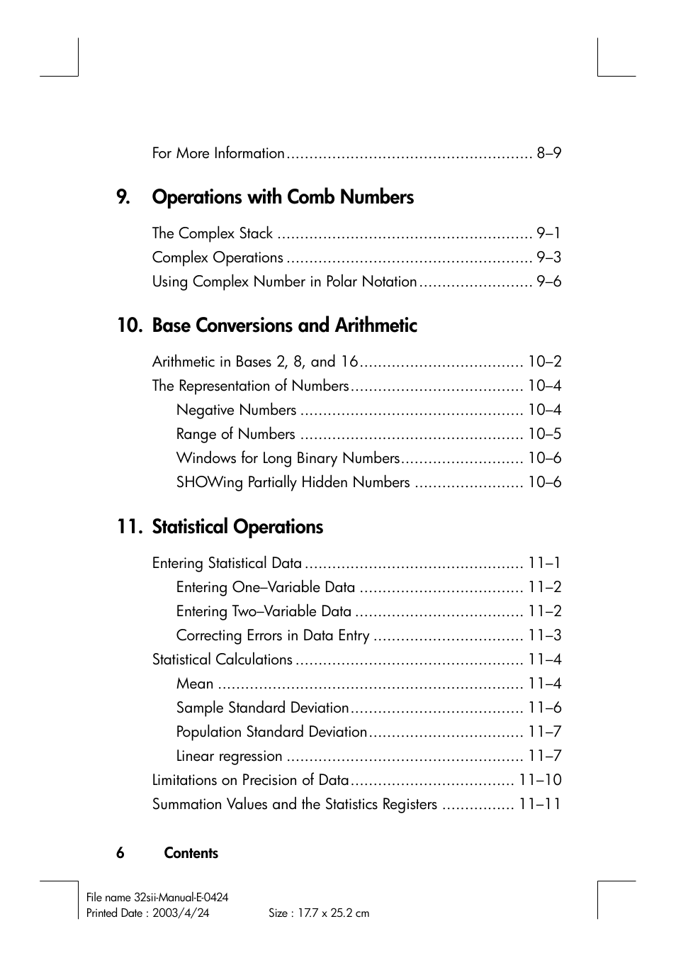 Operations with comb numbers, Base conversions and arithmetic, Statistical operations | HP 32SII User Manual | Page 8 / 376